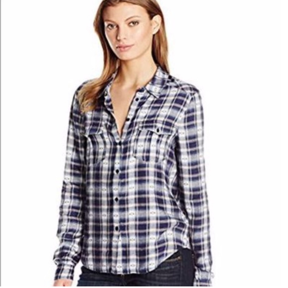 PAIGE Women’s Mya Blue White & Pink Plaid Button‎ Front LS Collared Shirt Medium